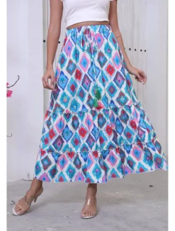 Best Women's Long Skirt Bohemia Boho Long Maxi High Waist Skirts Graphic Color Block Patchwork Print Micro-elastic Holiday Beach Summer Polyester Women Skirts