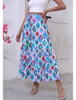 Best Women's Long Skirt Bohemia Boho Long Maxi High Waist Skirts Graphic Color Block Patchwork Print Micro-elastic Holiday Beach Summer Polyester Women Skirts