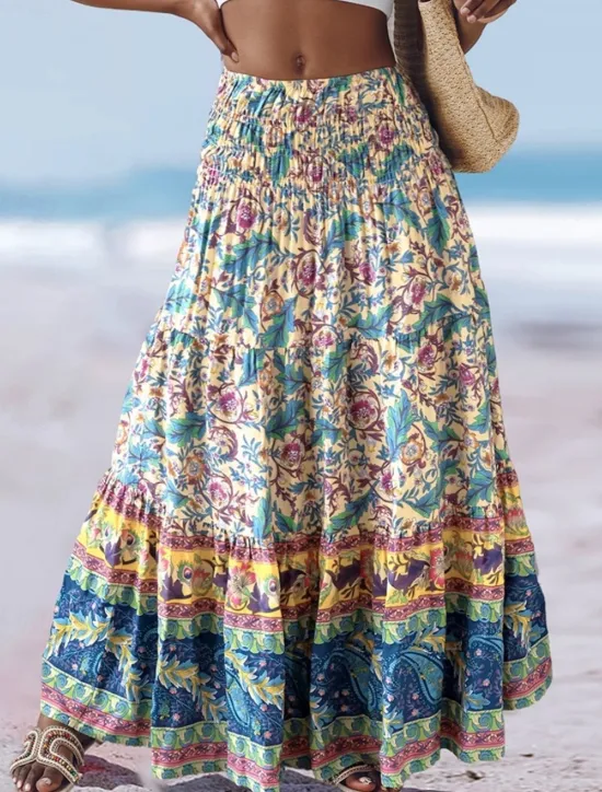 Online Women's Long Skirt Elegant Maxi High Waist Skirts Floral Geometric Ruched Print Flowy Inelastic Going out Casual Daily Black Red Blue Sky Blue Summer Polyester Women Skirts