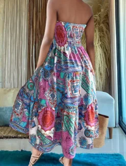 Online Women's Long Skirt Elegant Maxi High Waist Skirts Floral Geometric Ruched Print Flowy Inelastic Going out Casual Daily Black Red Blue Sky Blue Summer Polyester Women Skirts