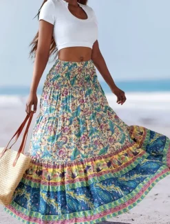 Online Women's Long Skirt Elegant Maxi High Waist Skirts Floral Geometric Ruched Print Flowy Inelastic Going out Casual Daily Black Red Blue Sky Blue Summer Polyester Women Skirts