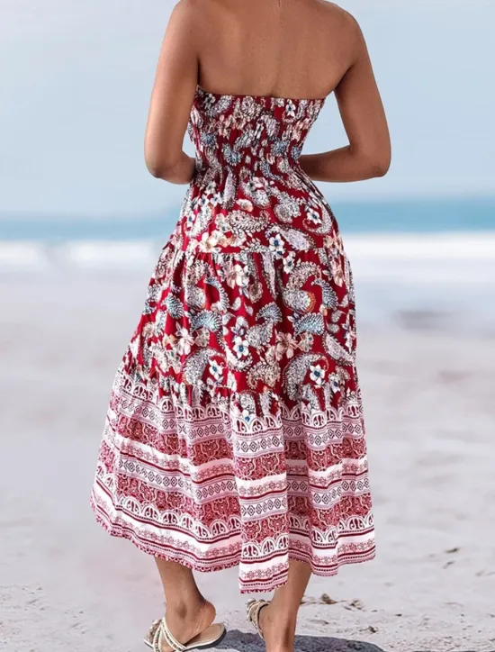 Online Women's Long Skirt Elegant Maxi High Waist Skirts Floral Geometric Ruched Print Flowy Inelastic Going out Casual Daily Black Red Blue Sky Blue Summer Polyester Women Skirts