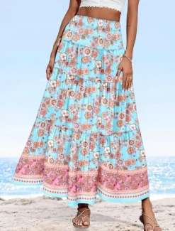 Online Women's Long Skirt Elegant Maxi High Waist Skirts Floral Geometric Ruched Print Flowy Inelastic Going out Casual Daily Black Red Blue Sky Blue Summer Polyester Women Skirts