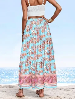 Online Women's Long Skirt Elegant Maxi High Waist Skirts Floral Geometric Ruched Print Flowy Inelastic Going out Casual Daily Black Red Blue Sky Blue Summer Polyester Women Skirts