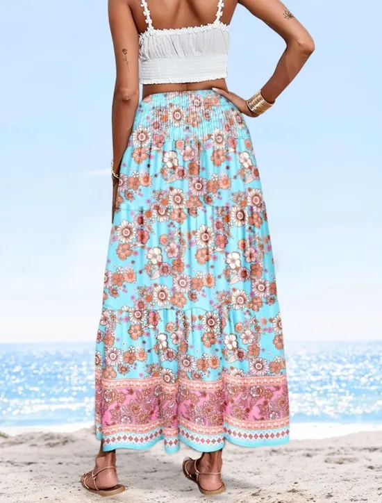 Online Women's Long Skirt Elegant Maxi High Waist Skirts Floral Geometric Ruched Print Flowy Inelastic Going out Casual Daily Black Red Blue Sky Blue Summer Polyester Women Skirts