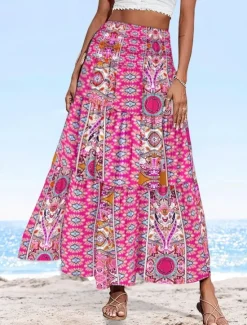 Online Women's Long Skirt Elegant Maxi High Waist Skirts Floral Geometric Ruched Print Flowy Inelastic Going out Casual Daily Black Red Blue Sky Blue Summer Polyester Women Skirts