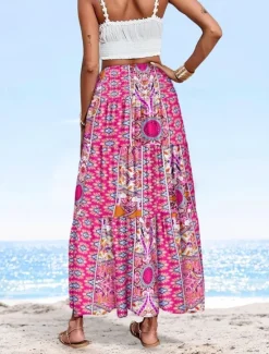 Online Women's Long Skirt Elegant Maxi High Waist Skirts Floral Geometric Ruched Print Flowy Inelastic Going out Casual Daily Black Red Blue Sky Blue Summer Polyester Women Skirts