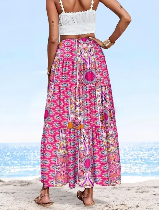 Online Women's Long Skirt Elegant Maxi High Waist Skirts Floral Geometric Ruched Print Flowy Inelastic Going out Casual Daily Black Red Blue Sky Blue Summer Polyester Women Skirts