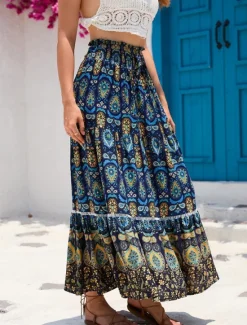 Outlet Women's Long Skirt Maxi Skirts Pleated Graphic Street Daily Spring Vintage Fashion Ethnic Navy Red Blue Women Skirts