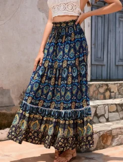 Outlet Women's Long Skirt Maxi Skirts Pleated Graphic Street Daily Spring Vintage Fashion Ethnic Navy Red Blue Women Skirts