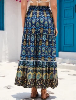 Outlet Women's Long Skirt Maxi Skirts Pleated Graphic Street Daily Spring Vintage Fashion Ethnic Navy Red Blue Women Skirts
