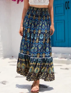 Outlet Women's Long Skirt Maxi Skirts Pleated Graphic Street Daily Spring Vintage Fashion Ethnic Navy Red Blue Women Skirts
