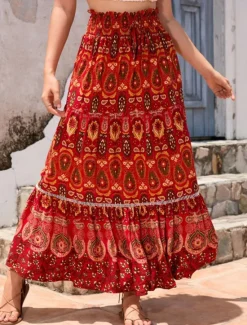 Outlet Women's Long Skirt Maxi Skirts Pleated Graphic Street Daily Spring Vintage Fashion Ethnic Navy Red Blue Women Skirts