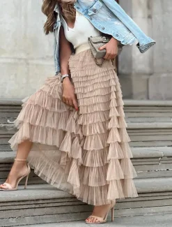 Outlet Women's Long Skirt Maxi Skirts Patchwork Solid Colored Vacation Party Spring, Fall, Winter, Summer Elegant Fashion Black Pink Khaki Women Skirts