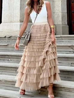 Outlet Women's Long Skirt Maxi Skirts Patchwork Solid Colored Vacation Party Spring, Fall, Winter, Summer Elegant Fashion Black Pink Khaki Women Skirts