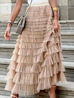 Outlet Women's Long Skirt Maxi Skirts Patchwork Solid Colored Vacation Party Spring, Fall, Winter, Summer Elegant Fashion Black Pink Khaki Women Skirts