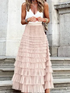 Outlet Women's Long Skirt Maxi Skirts Patchwork Solid Colored Vacation Party Spring, Fall, Winter, Summer Elegant Fashion Black Pink Khaki Women Skirts