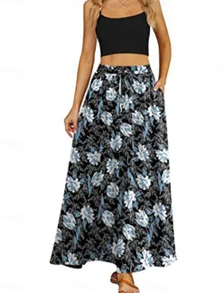Discount Women's Long Skirt Maxi Skirts Patchwork Floral Graphic Going out Casual Daily Summer Elegant Vintage Blue Black Blue Khaki Women Skirts|Spring Pants