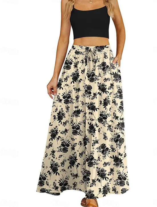 Discount Women's Long Skirt Maxi Skirts Patchwork Floral Graphic Going out Casual Daily Summer Elegant Vintage Blue Black Blue Khaki Women Skirts|Spring Pants