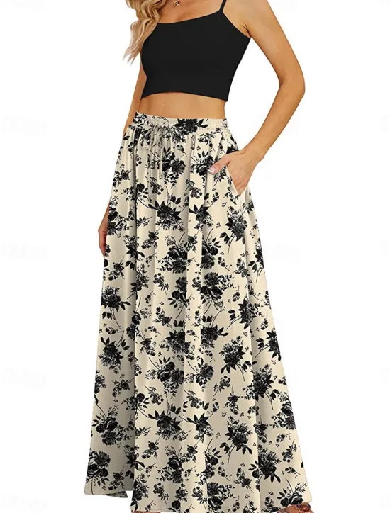 Discount Women's Long Skirt Maxi Skirts Patchwork Floral Graphic Going out Casual Daily Summer Elegant Vintage Blue Black Blue Khaki Women Skirts|Spring Pants