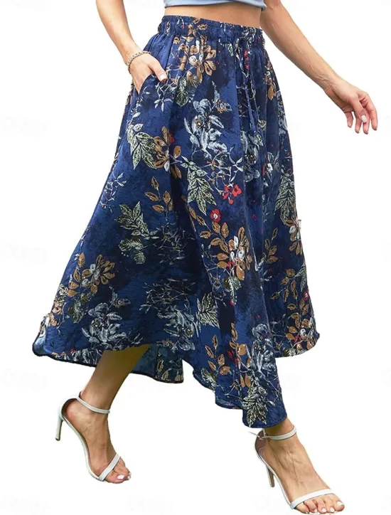 Discount Women's Long Skirt Maxi Skirts Patchwork Floral Graphic Going out Casual Daily Summer Elegant Vintage Blue Black Blue Khaki Women Skirts|Spring Pants