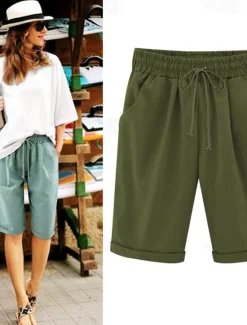 New Women's Lounge Shorts Pure Color Elastic Waist with Drawstring Simple Casual Comfort Home Daily Vacation Breathable Pocket Five-point Pants Women Shorts