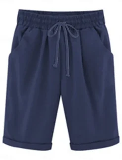 New Women's Lounge Shorts Pure Color Elastic Waist with Drawstring Simple Casual Comfort Home Daily Vacation Breathable Pocket Five-point Pants Women Shorts