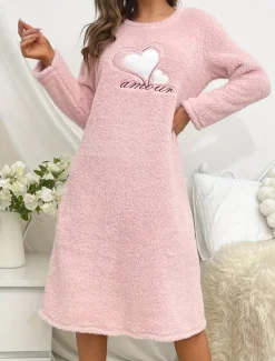 Hot Women's Loungewear Nightgown Heart Casual Comfort Home Sherpa Fleece Comfort Dress Embroidered Embroidery Fall Winter Home Outfits Women Sleepwear