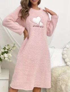 Hot Women's Loungewear Nightgown Heart Casual Comfort Home Sherpa Fleece Comfort Dress Embroidered Embroidery Fall Winter Home Outfits Women Sleepwear