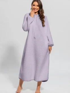 Online Women's Loungewear Nightshirt Dress Pure Color Casual Comfort Soft Home Daily Going out Coral Fleece Coral Velvet Warm Hoodie Long Sleeve Fall Winter Home Outfits Women Sleepwear