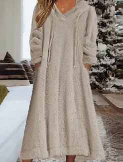 Online Women's Loungewear Nightshirt Dress Pure Color Casual Comfort Soft Home Daily Going out Coral Fleece Coral Velvet Warm Hoodie Long Sleeve Fall Winter Home Outfits Women Sleepwear