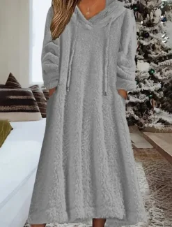Online Women's Loungewear Nightshirt Dress Pure Color Casual Comfort Soft Home Daily Going out Coral Fleece Coral Velvet Warm Hoodie Long Sleeve Fall Winter Home Outfits Women Sleepwear