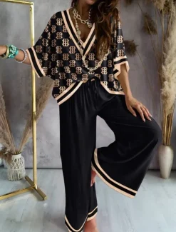 Clearance Women's Loungewear Nighty Sets 2 Pieces Geometic Simple Comfort Home Daily Going out Breathable V Wire Half Sleeve Shirt Pant Spring Fall Home Outfits Women Pajama-Setter