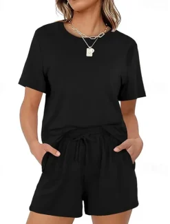 Outlet Women's Loungewear Nighty Sets 2 Pieces Pure Color Simple Comfort Home Street Cotton Crew Neck Short Sleeve T shirt Tee Shorts Summer Spring Home Outfits Women Pajama-Setter