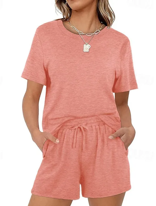 Outlet Women's Loungewear Nighty Sets 2 Pieces Pure Color Simple Comfort Home Street Cotton Crew Neck Short Sleeve T shirt Tee Shorts Summer Spring Home Outfits Women Pajama-Setter