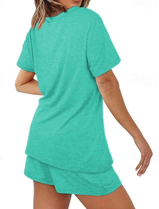 Outlet Women's Loungewear Nighty Sets 2 Pieces Pure Color Simple Comfort Home Street Cotton Crew Neck Short Sleeve T shirt Tee Shorts Summer Spring Home Outfits Women Pajama-Setter
