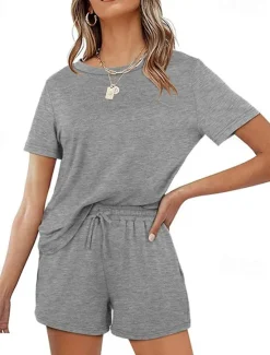 Outlet Women's Loungewear Nighty Sets 2 Pieces Pure Color Simple Comfort Home Street Cotton Crew Neck Short Sleeve T shirt Tee Shorts Summer Spring Home Outfits Women Pajama-Setter