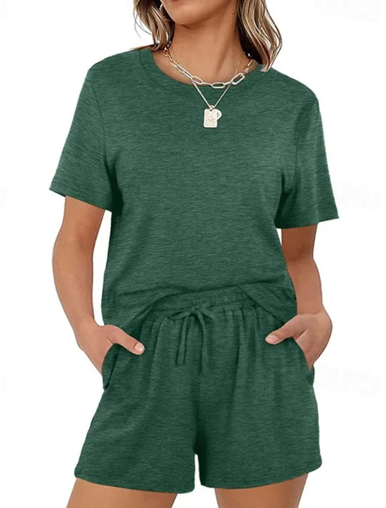 Outlet Women's Loungewear Nighty Sets 2 Pieces Pure Color Simple Comfort Home Street Cotton Crew Neck Short Sleeve T shirt Tee Shorts Summer Spring Home Outfits Women Pajama-Setter