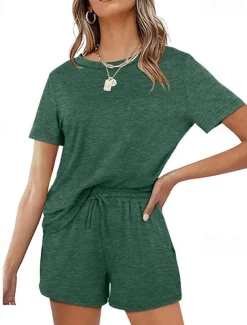 Outlet Women's Loungewear Nighty Sets 2 Pieces Pure Color Simple Comfort Home Street Cotton Crew Neck Short Sleeve T shirt Tee Shorts Summer Spring Home Outfits Women Pajama-Setter