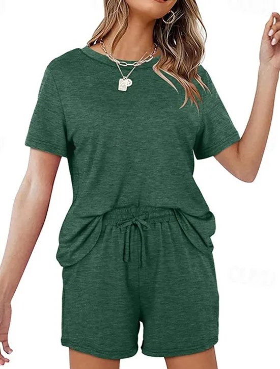 Outlet Women's Loungewear Nighty Sets 2 Pieces Pure Color Simple Comfort Home Street Cotton Crew Neck Short Sleeve T shirt Tee Shorts Summer Spring Home Outfits Women Pajama-Setter