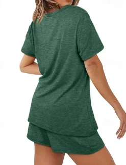 Outlet Women's Loungewear Nighty Sets 2 Pieces Pure Color Simple Comfort Home Street Cotton Crew Neck Short Sleeve T shirt Tee Shorts Summer Spring Home Outfits Women Pajama-Setter