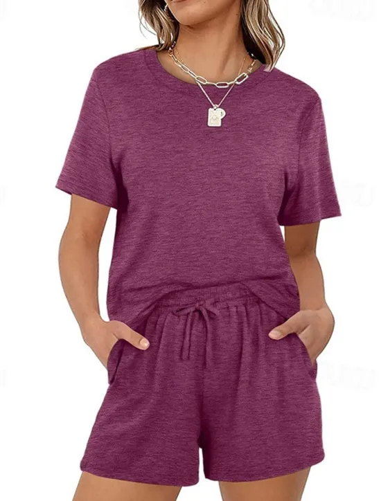 Outlet Women's Loungewear Nighty Sets 2 Pieces Pure Color Simple Comfort Home Street Cotton Crew Neck Short Sleeve T shirt Tee Shorts Summer Spring Home Outfits Women Pajama-Setter