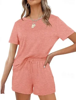 Outlet Women's Loungewear Nighty Sets 2 Pieces Pure Color Simple Comfort Home Street Cotton Crew Neck Short Sleeve T shirt Tee Shorts Summer Spring Home Outfits Women Pajama-Setter