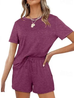 Outlet Women's Loungewear Nighty Sets 2 Pieces Pure Color Simple Comfort Home Street Cotton Crew Neck Short Sleeve T shirt Tee Shorts Summer Spring Home Outfits Women Pajama-Setter