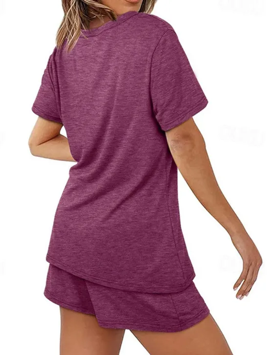 Outlet Women's Loungewear Nighty Sets 2 Pieces Pure Color Simple Comfort Home Street Cotton Crew Neck Short Sleeve T shirt Tee Shorts Summer Spring Home Outfits Women Pajama-Setter