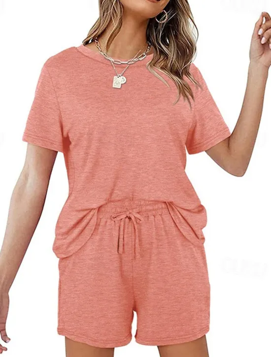 Outlet Women's Loungewear Nighty Sets 2 Pieces Pure Color Simple Comfort Home Street Cotton Crew Neck Short Sleeve T shirt Tee Shorts Summer Spring Home Outfits Women Pajama-Setter