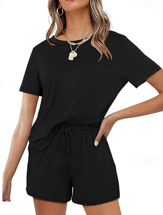 Outlet Women's Loungewear Nighty Sets 2 Pieces Pure Color Simple Comfort Home Street Cotton Crew Neck Short Sleeve T shirt Tee Shorts Summer Spring Home Outfits Women Pajama-Setter