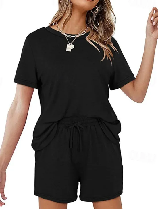 Outlet Women's Loungewear Nighty Sets 2 Pieces Pure Color Simple Comfort Home Street Cotton Crew Neck Short Sleeve T shirt Tee Shorts Summer Spring Home Outfits Women Pajama-Setter