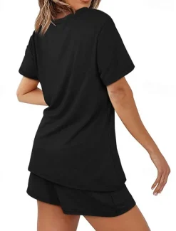 Outlet Women's Loungewear Nighty Sets 2 Pieces Pure Color Simple Comfort Home Street Cotton Crew Neck Short Sleeve T shirt Tee Shorts Summer Spring Home Outfits Women Pajama-Setter
