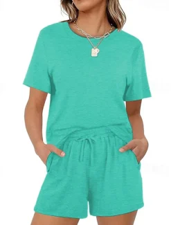 Outlet Women's Loungewear Nighty Sets 2 Pieces Pure Color Simple Comfort Home Street Cotton Crew Neck Short Sleeve T shirt Tee Shorts Summer Spring Home Outfits Women Pajama-Setter
